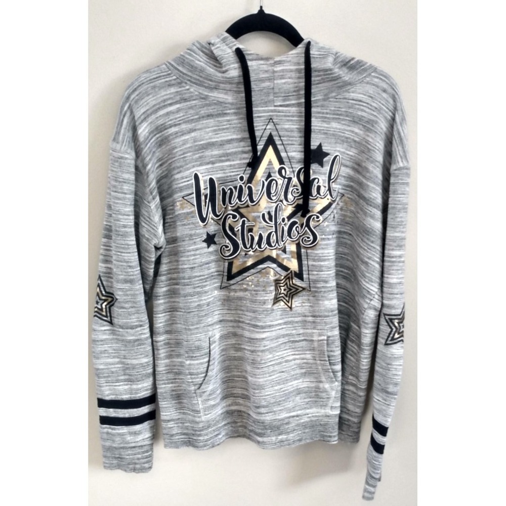 UNIVERSAL STUDIOS Graphic Hoodie XL Metallic Gold Stars Pullover Ringer Sleeve